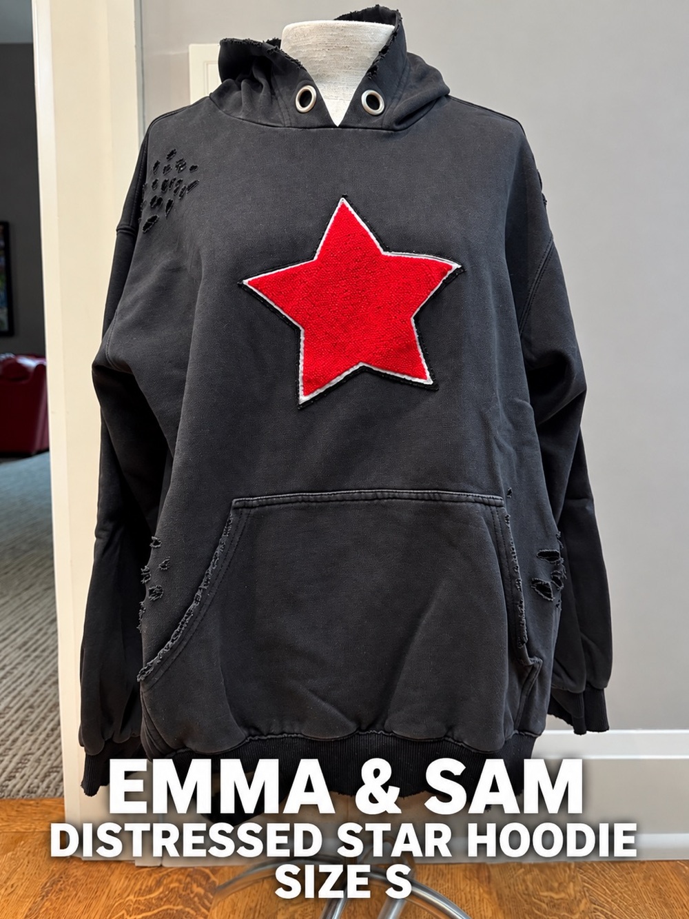 Emma & Sam /LF store Distressed Black Oversized Star Hoodie Pullover Size S